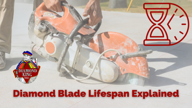 Cutting concrete with text: "Diamond Blade Lifespan Explained"