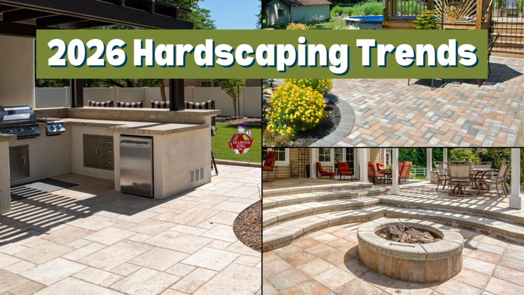 Hardscaping inspiration images with text 2026 hardscaping trends