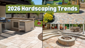 Hardscaping inspiration images with text 2026 hardscaping trends