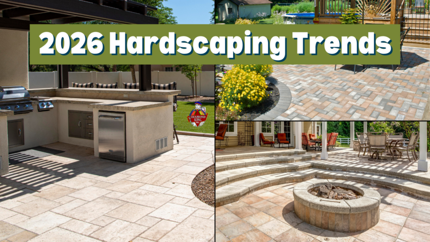 Hardscaping inspiration images with text 2026 hardscaping trends