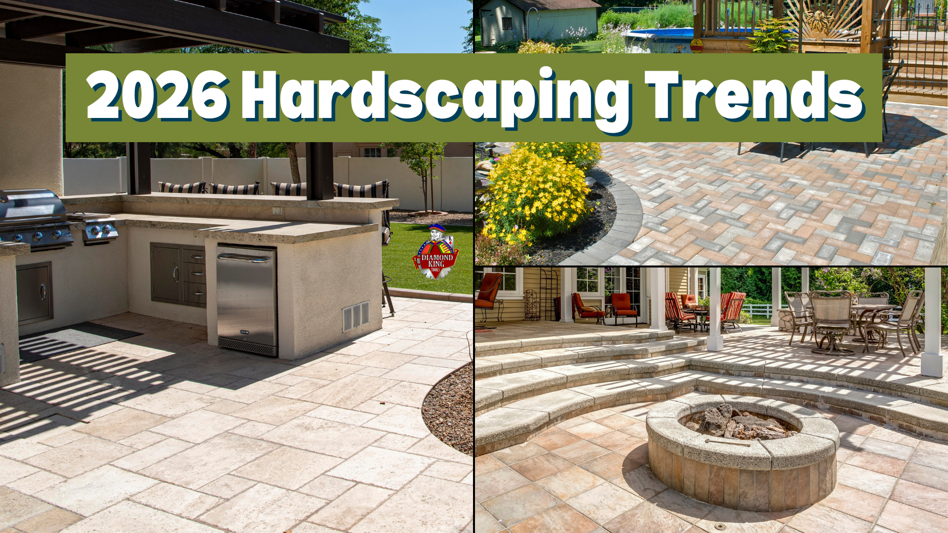 Hardscaping inspiration images with text 2026 hardscaping trends